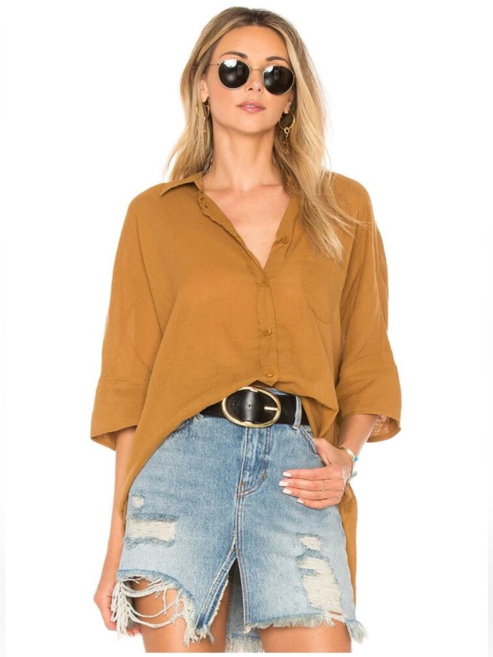Free People Best Of Me Bronze Boho Oversized Button Front Raw Hem Blouse